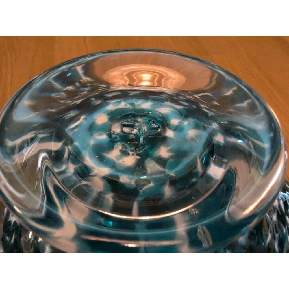 Vtg Blown Art Glass Blue White Confetti Floppy Bowl Handkerchief Ruffle 12